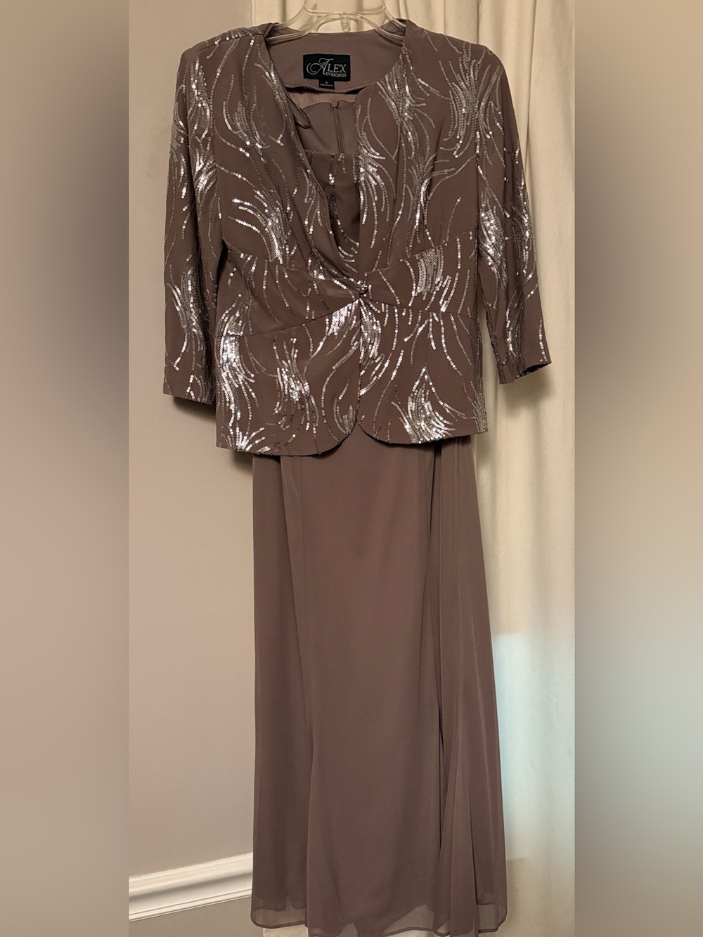 Alex Evenings tea length formal dress taupe with sequins